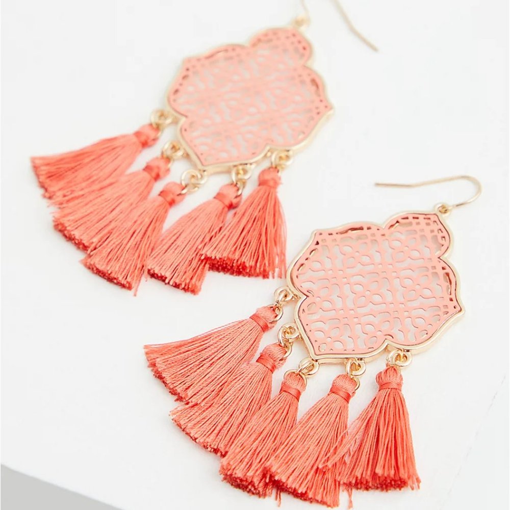 PEACH FILIGREE TASSEL STATEMENT EARRINGS